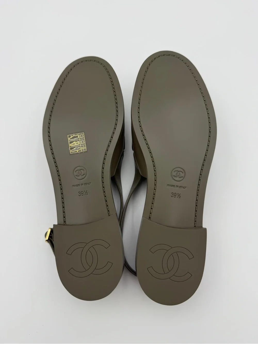 CHANEL Olive Green Leather Slingback Loafers with Gold CC Hardware